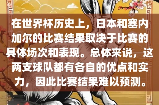 在世界杯历史上，日本和塞内加尔的比赛结果取决于比赛的具体场次和表现。总体来说，这两支球队都有各自的优点和实力，因此比赛结果难以预测。