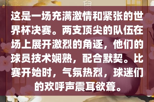 这是一场充满激情和紧张的世界杯决赛。两支顶尖的队伍在场上展开激烈的角逐，他们的球员技术娴熟，配合默契。比赛开始时，气氛热烈，球迷们的欢呼声震耳欲聋。