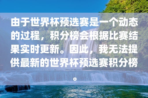 由于世界杯预选赛是一个动态的过程，积分榜会根据比赛结果实时更新。因此，我无法提供最新的世界杯预选赛积分榜。