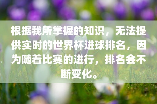 根据我所掌握的知识，无法提供实时的世界杯进球排名，因为随着比赛的进行，排名会不断变化。