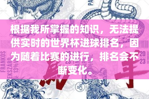 根据我所掌握的知识，无法提供实时的世界杯进球排名，因为随着比赛的进行，排名会不断变化。