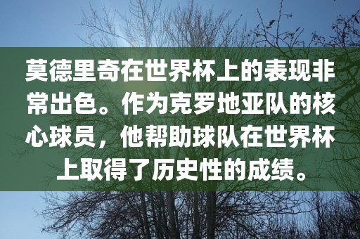 莫德里奇在世界杯上的表现非常出色。作为克罗地亚队的核心球员，他帮助球队在世界杯上取得了历史性的成绩。