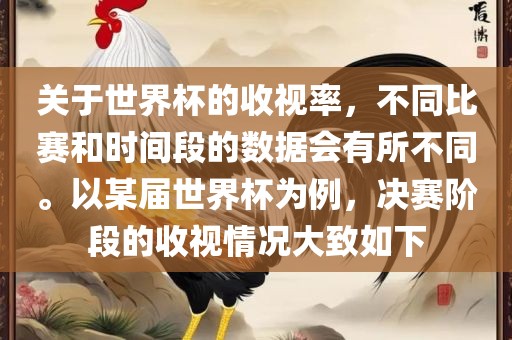 关于世界杯的收视率，不同比赛和时间段的数据会有所不同。以某届世界杯为例，决赛阶段的收视情况大致如下