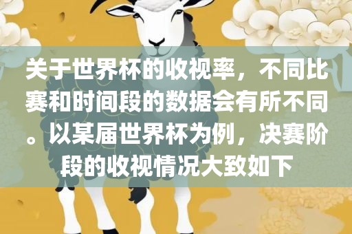 关于世界杯的收视率，不同比赛和时间段的数据会有所不同。以某届世界杯为例，决赛阶段的收视情况大致如下