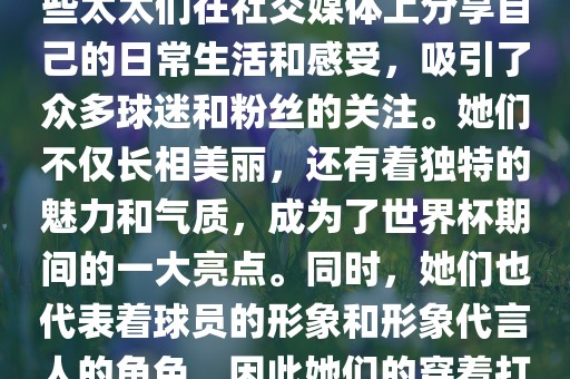 世界杯太太团是指参与世界杯的球队中球员的妻子们组成的团体。这些太太们在世界杯期间备受关注，她们的出现也为比赛增添了不少色彩和看点。这些太太们在社交媒体上分享自己的日常生活和感受，吸引了众多球迷和粉丝的关注。她们不仅长相美丽，还有着独特的魅力和气质，成为了世界杯期间的一大亮点。同时，她们也代表着球员的形象和形象代言人的角色，因此她们的穿着打扮和言行举止备受关注。总之，世界杯太太团是世界杯期间不可或缺的一部分，她们的出现也为球迷们带来了更多的观赏乐趣。