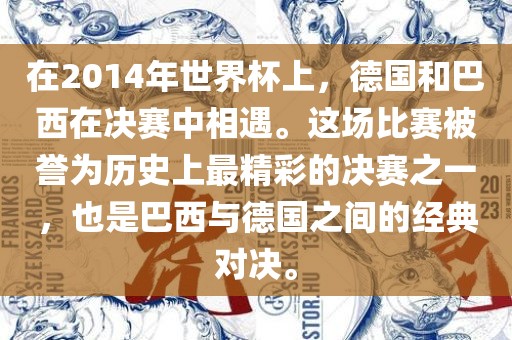 在2014年世界杯上，德国和巴西在决赛中相遇。这场比赛被誉为历史上最精彩的决赛之一，也是巴西与德国之间的经典对决。吉安市靖泰电力工程有限公司