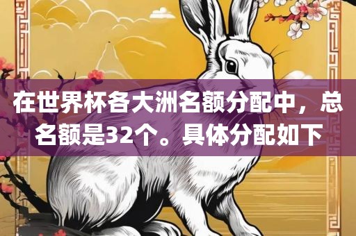 在世界杯各大洲名额分配中，总名额是32个。具体分配如下吉安市靖泰电力工程有限公司